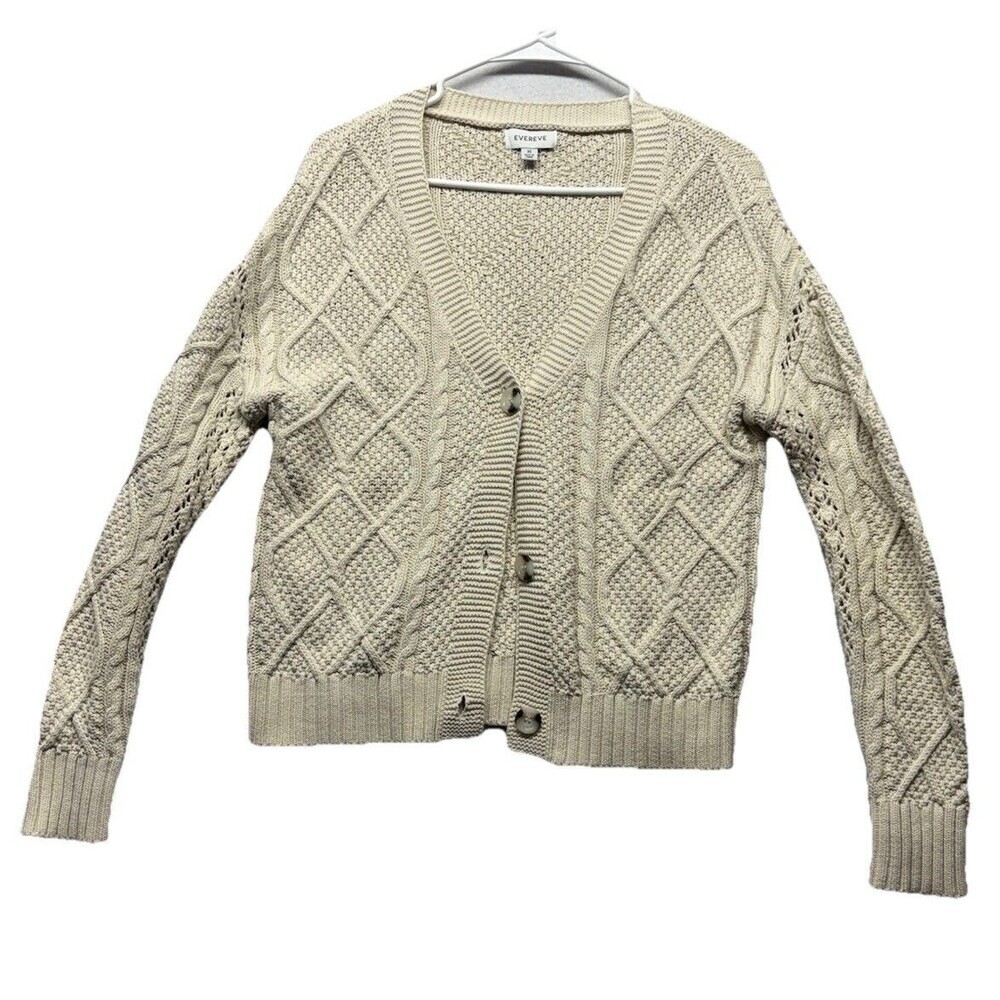 EVEREVE Cable Knit Cardigan XS 100% Cotton V-Neck Sweater Cream Preppy Fisherman